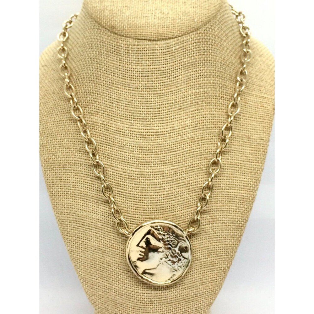 ROMAN COIN NECKLACE Gold Tone Ancient Greek Style Medallion Chain
